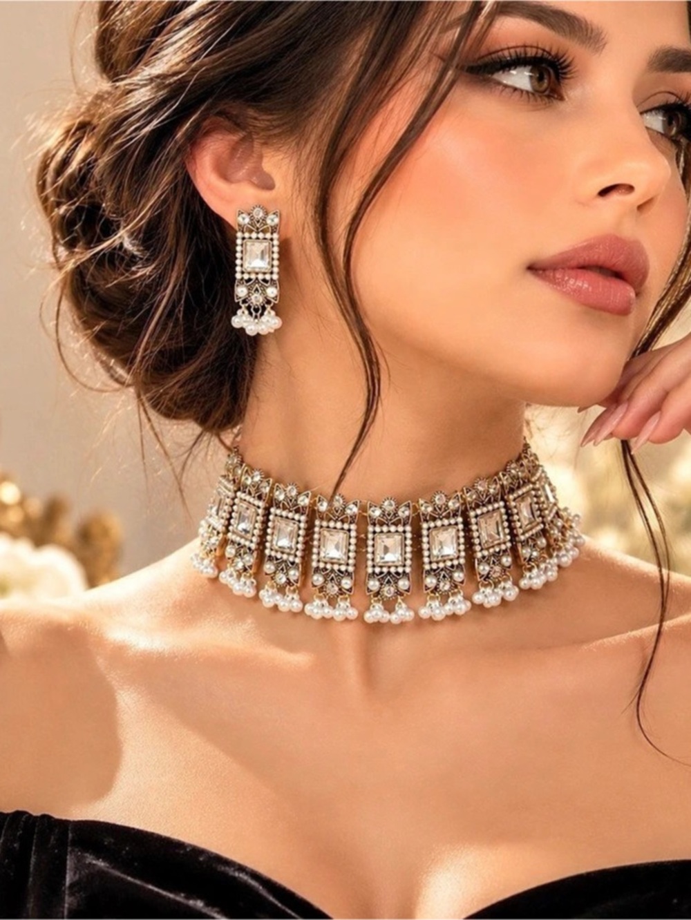 Vintage Pearl & Crystal Statement Choker Necklace Set - Picture 2 of 6